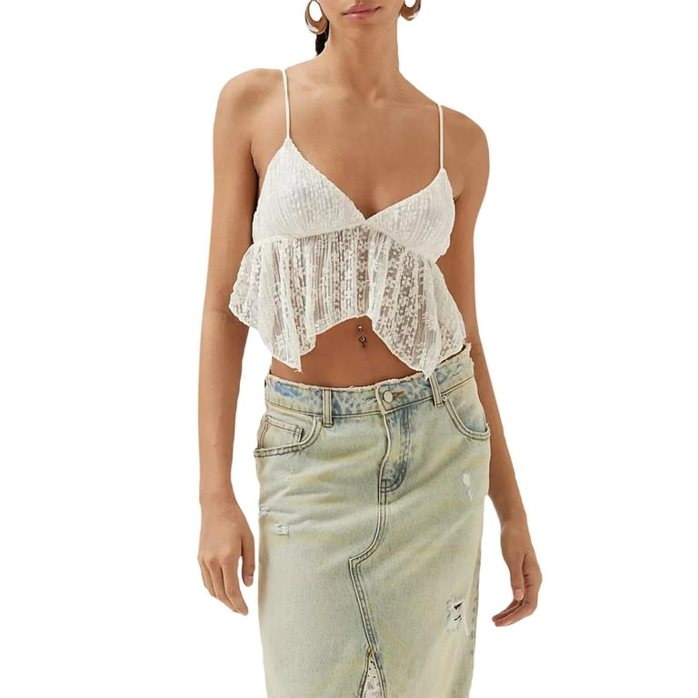 Women Backless Crop Top Y2k Spaghetti Straps Halter Tie Back Cami Tops  Summer Camisole Going Out Tops Lace