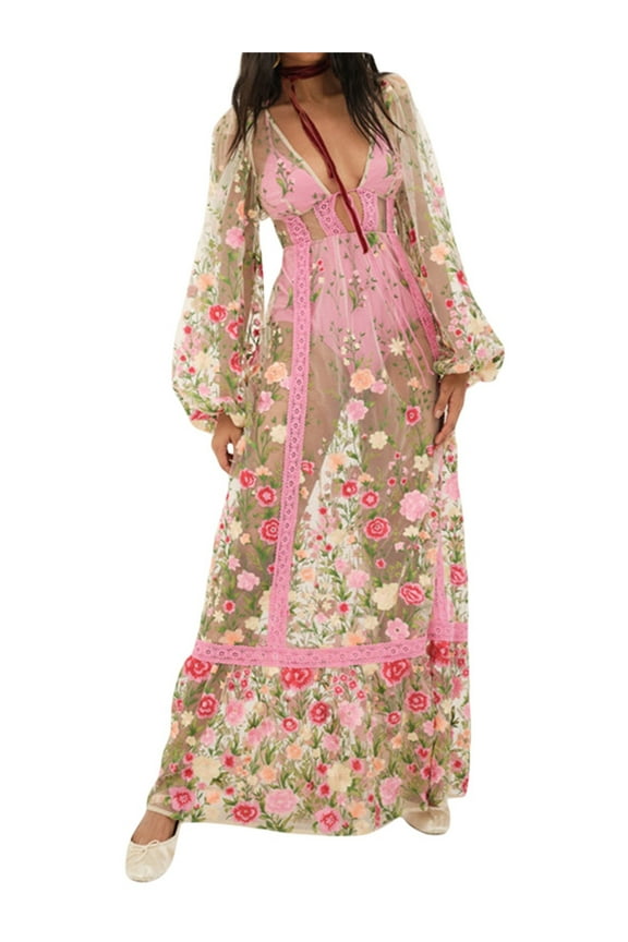 Women Backless Floral Mesh Sheer Cover Up Dress See Through Lace Maxi Dresses Bathing Suit Bikini Swimwear Coverups