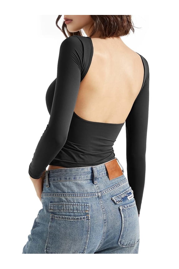 Women Backless Going Out Tops One Lined Open Back Basic Long Sleeve