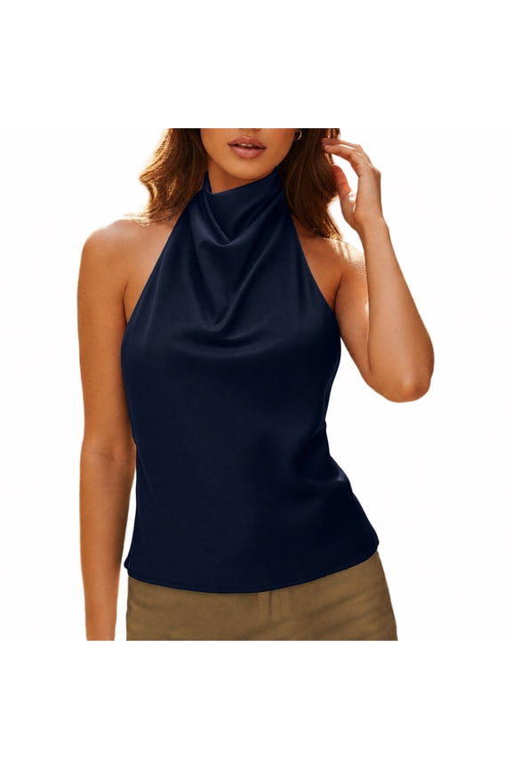 Women Backless Halter Tops Cute High Neck Satin Tank Tops Open Back Going Out Tops Black S
