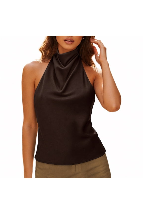 Women Backless Halter Tops Cute High Neck Satin Tank Tops Open Back Going Out Tops Brown M