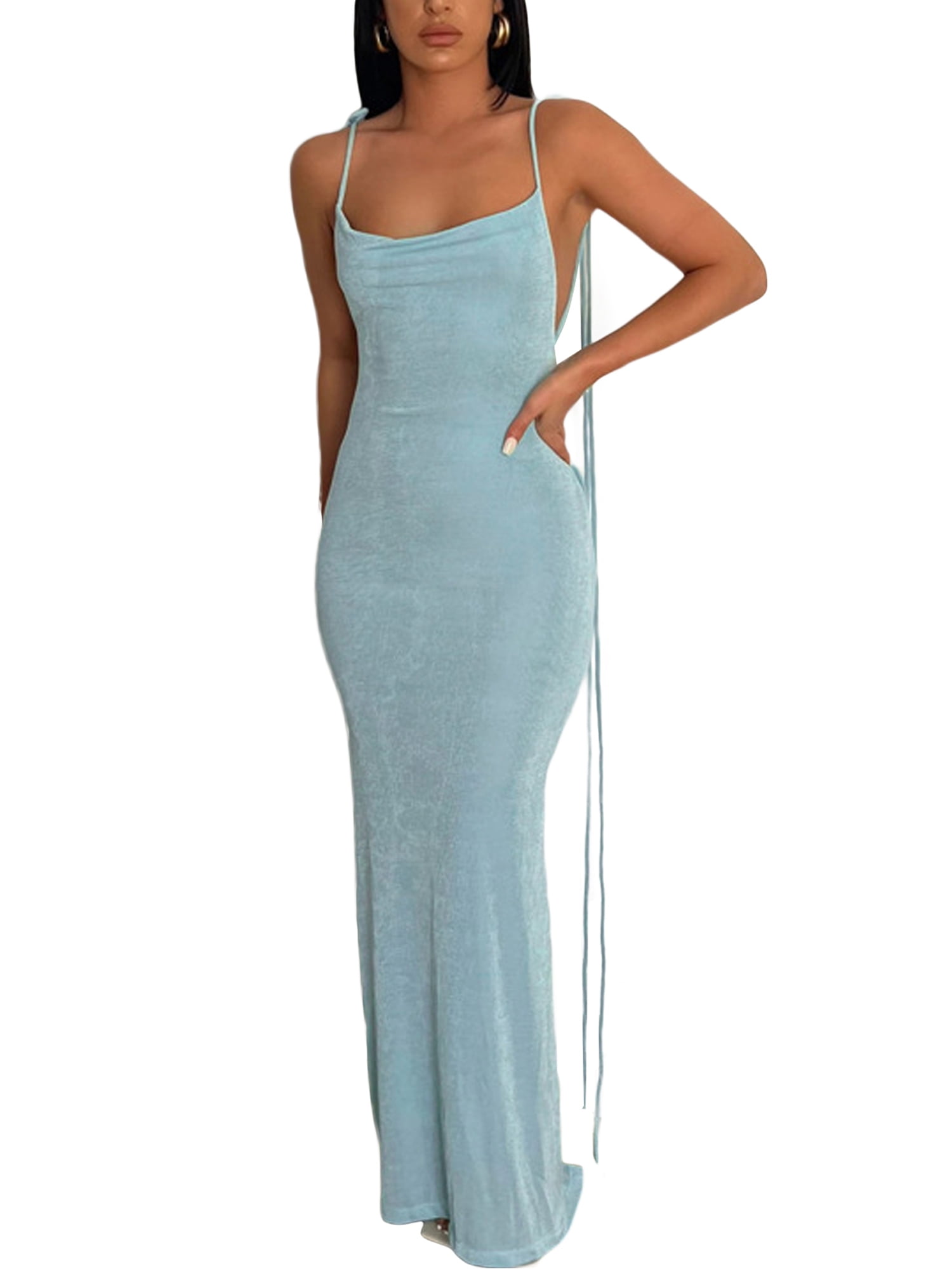 Women Backless Hollow Out Long Dress Spaghetti Strap Bandage Bodycon Dress Evening Club Dress