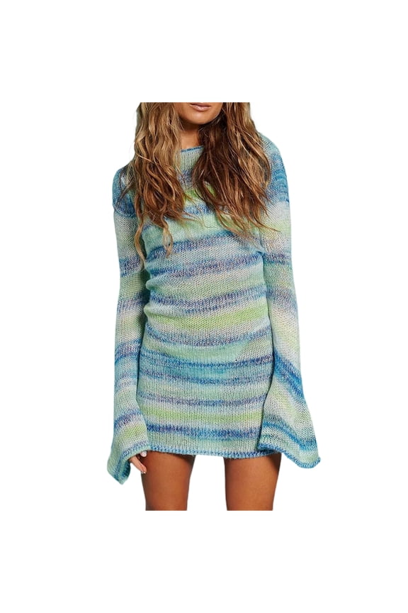 Women Backless Knitted Dress Long Sleeve Round Neck Wrapped Beach Dress Club Cocktail Party Striped Mini Dress