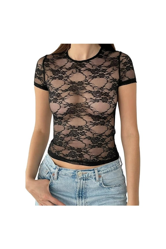Women Backless Lace Crop Top Open Back Sheer See Through Sexy Going Out Tops