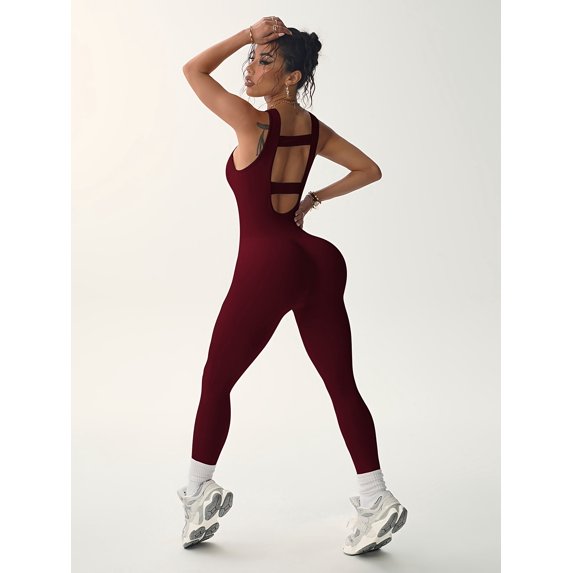 Women Backless One Piece Jumpsuits Sleeveless Scoop Neck Bodycon Romper Seamless Workout Yoga Wine Red M