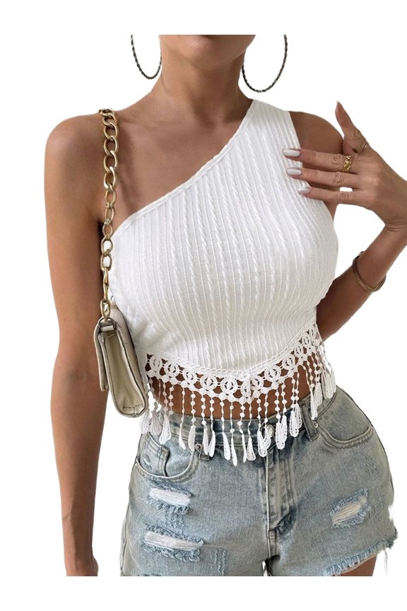 Women Backless One Shoulder Top Sleeveless Self Tank Tops Summer Casual Going Out Top White M