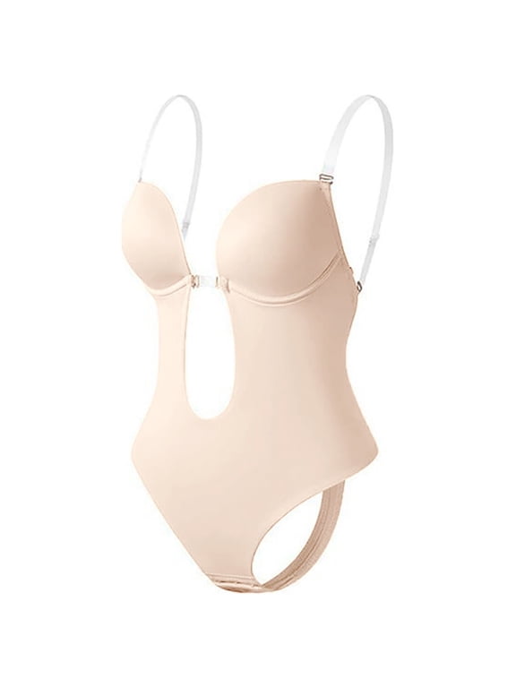 Women Backless Shapewear Bodysuit Bodyshaper Bra Seamless Thong Low Back Shapewear for Backless Dress, Beige Size S