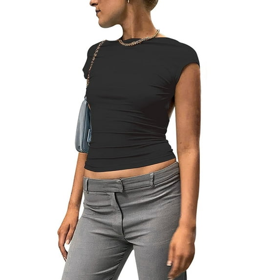 Women Backless Short Sleeve Crop Top T-Shirt Summer Slim Fit Cut Out Multi Way Wear Casual Tees