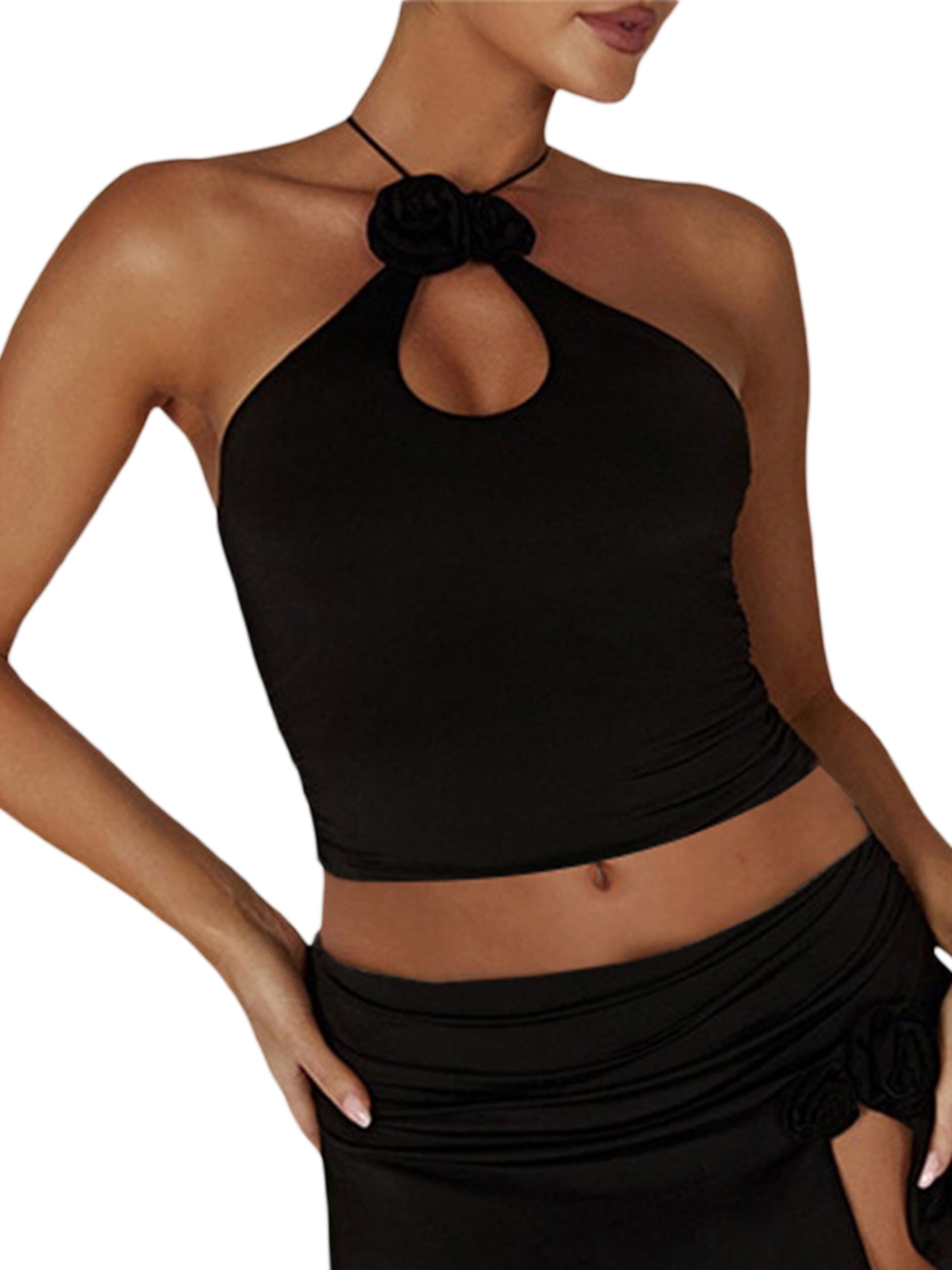 Knot Backless Sheer Halter Top With Skirt