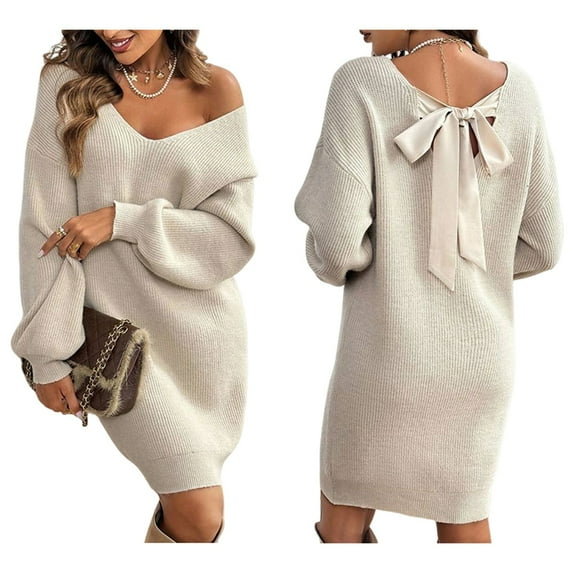 Women Backless Tied Long Lantern Sleeve Pullover Sweaters Fall Winter Trendy Clothes Beige M