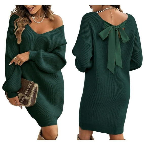 Women Backless Tied Long Lantern Sleeve Pullover Sweaters Fall Winter Trendy Clothes Green M