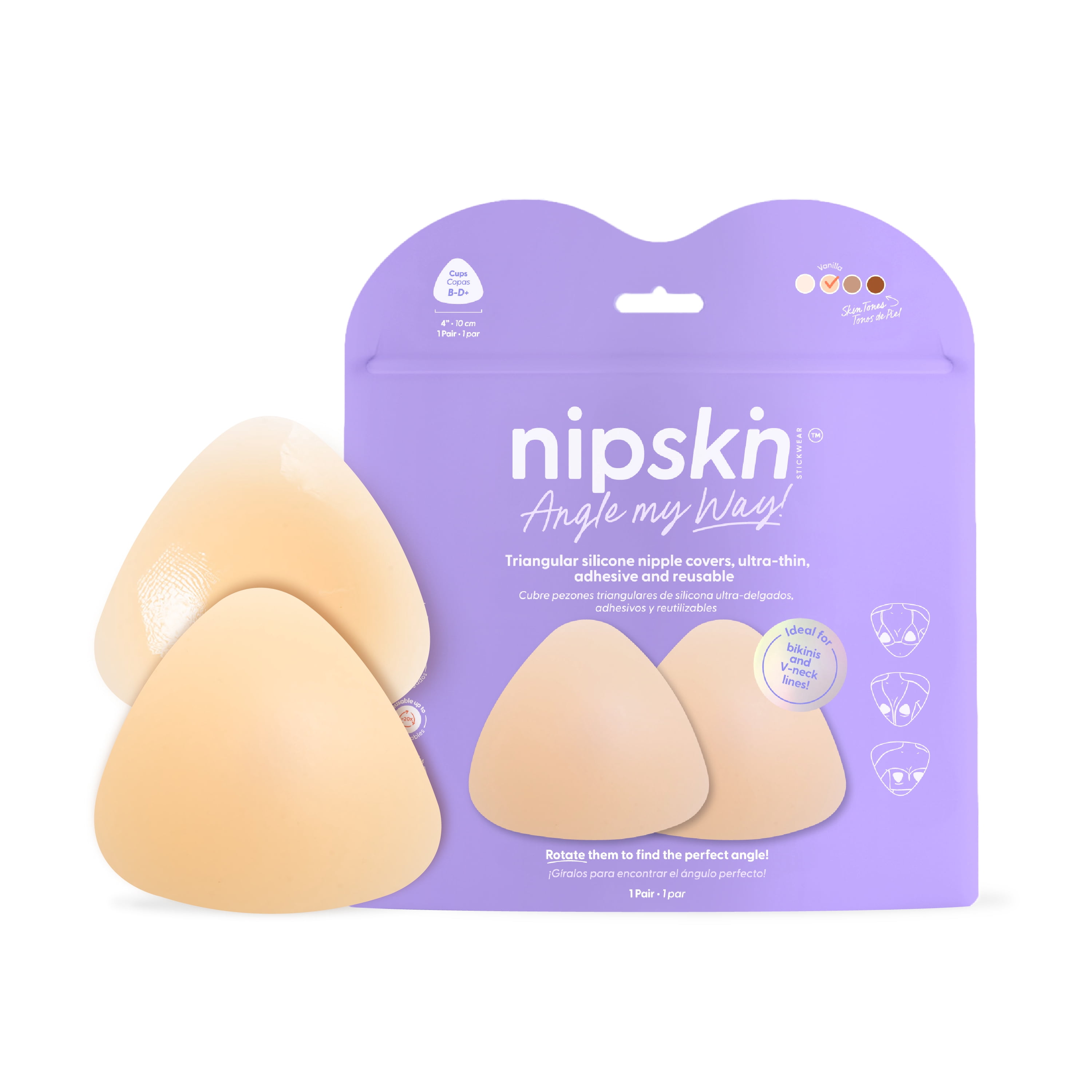 Nipskin Triangular Waterproof Silicone Nipple Covers for Women, Vanilla, Reusable Adhesive Pasties for Bikinis and V-Necklines