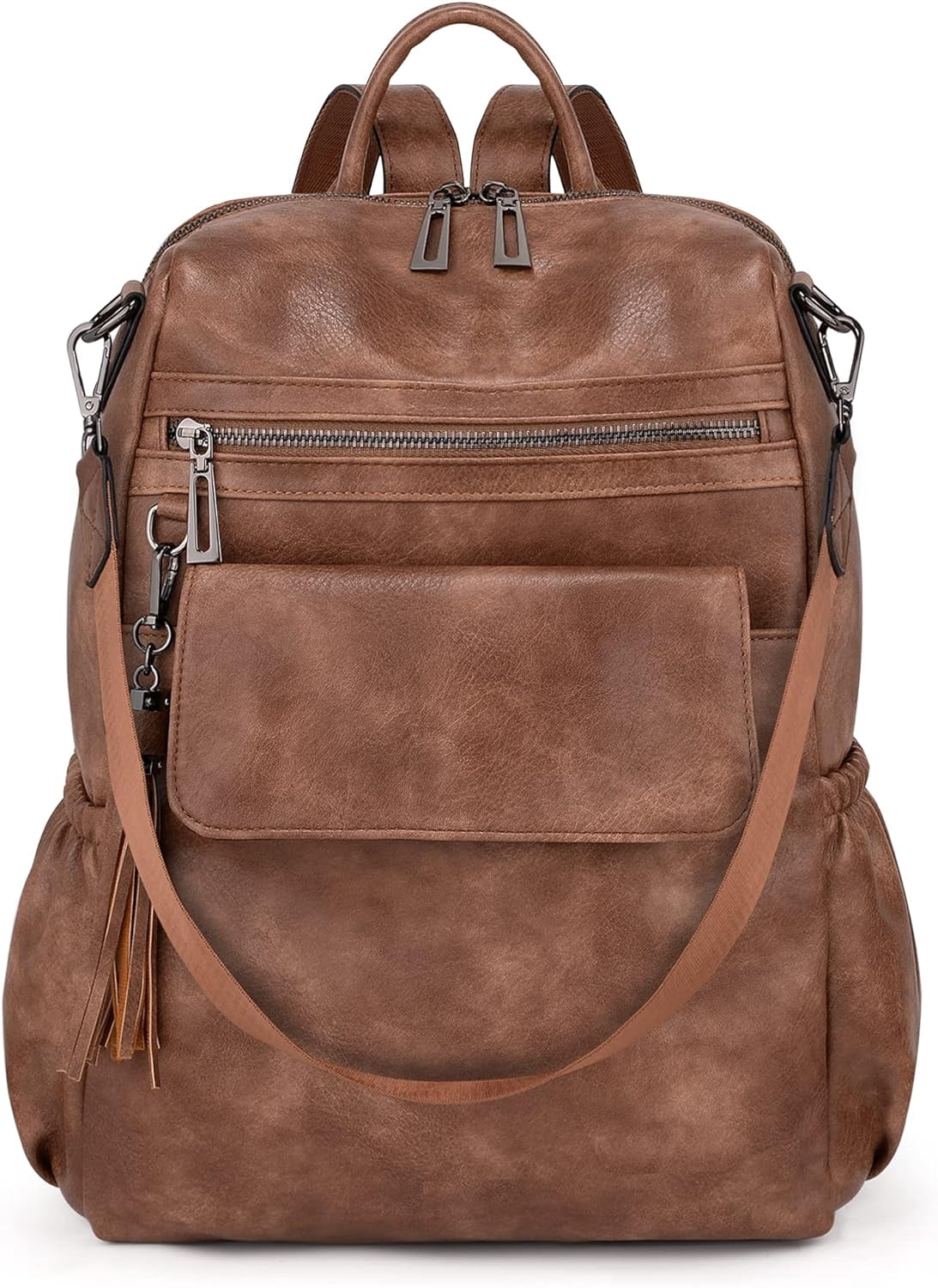 2788 Backpack Purse 3 ways PU Washed Leather Rucksack Shoulder Bag Khaki Women Backpack Purse 3 ways PU Washed Leather Ladies  main image 4