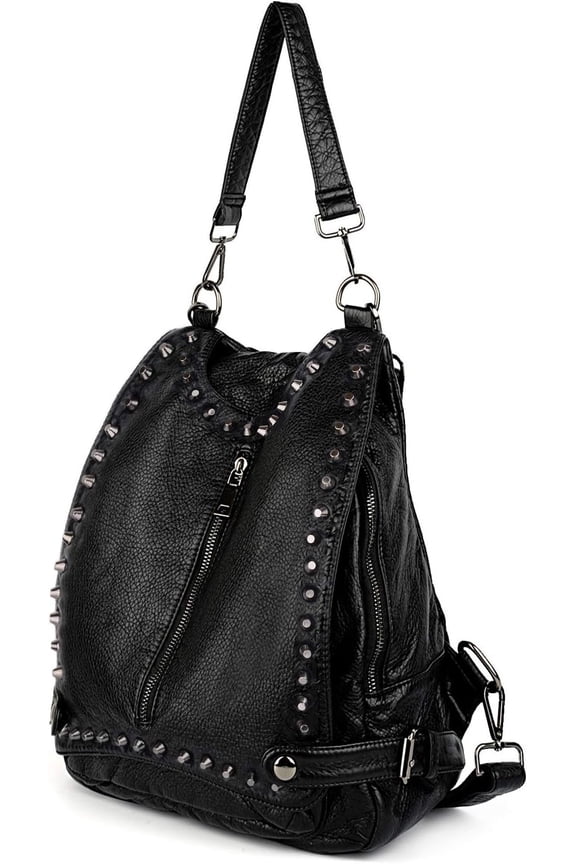 Women Backpack Purse PU Washed Leather Rivet Studded Convertible Ladies Rucksack Bag