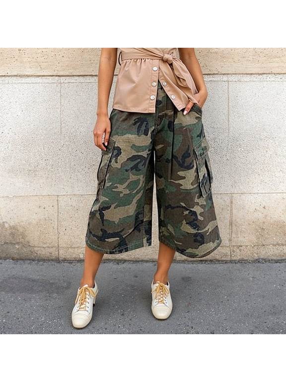 Women Baggy Cargo Jeans Y2k Camo Long Jorts Wide Leg Cropped Denim Pants Hip Hop Bermuda Jeans Short for Women (Camouflage L)