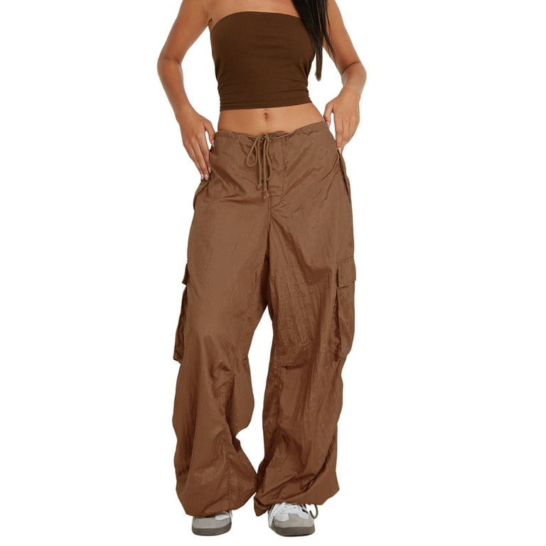 Women Baggy Cargo Wide Legs Pants Low Waist Drawstring Loose Pocket Jogger  Trousers Hippie Punk Streetwear 