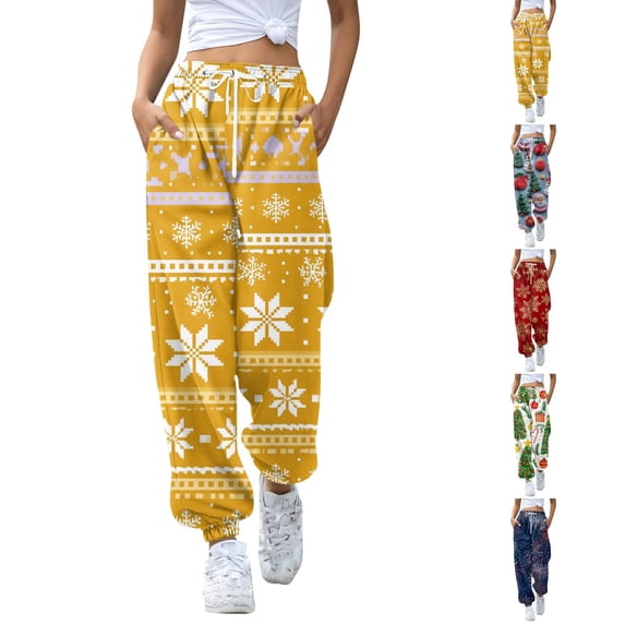 Women Baggy Christmas Printed Sweatpants Tapered Leg Drawstring Lounge Joggers with Pockets, Casual Jogging Pants Fall Clothes