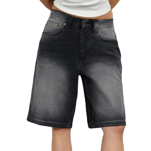 Women Baggy Denim Bermuda Shorts Y2k Vintage Straight Leg Casual Knee Length Jean Jorts with Pockets Dark Gray XL