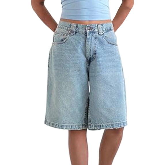 Women Baggy Denim Bermuda Shorts Y2k Vintage Straight Leg Casual Knee Length Jean Jorts with Pockets Light Blue L