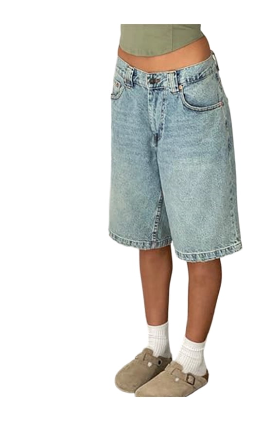 Women Baggy Denim Bermuda Shorts Y2k Vintage Straight Leg Casual Knee Length Jean Jorts with Pockets Light Blue S