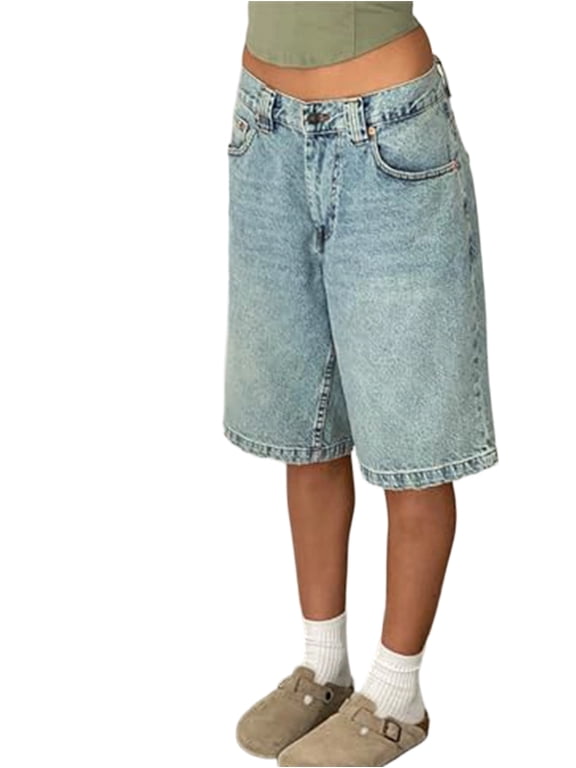 Women Baggy Denim Bermuda Shorts Y2k Vintage Straight Leg Casual Knee Length Jean Jorts with Pockets Light Blue XL