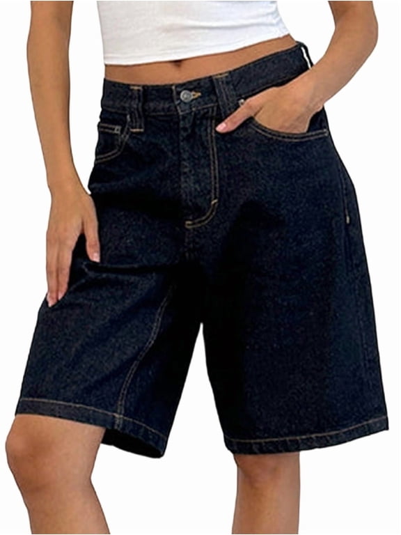 Women Baggy Denim Bermuda Shorts Y2k Vintage Straight Leg Casual Knee Length Jean Jorts with Pockets S