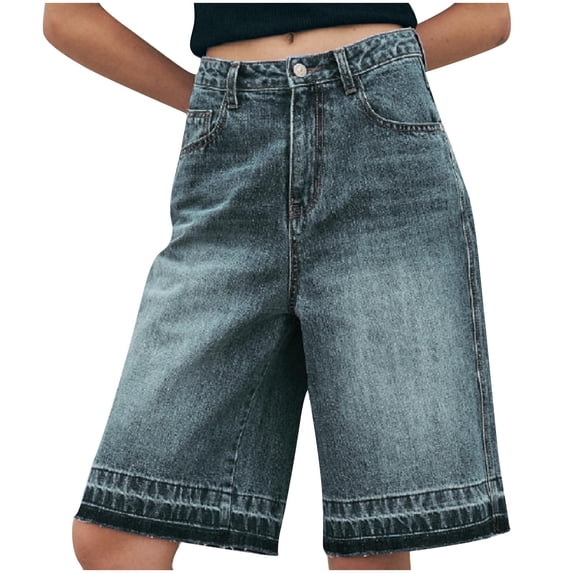 Women Baggy Denim Bermuda Shorts Y2k Vintage Straight Leg Jean Shorts Casual Knee Length Jorts with Pockets