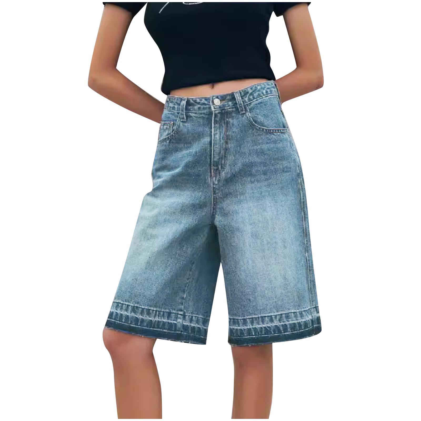 Women Baggy Denim Shorts Loose Mid Rise Cargo Jean Shorts Summer Wide Leg Distressed Knee Length Jean Jorts with Pockets