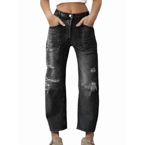 Women Baggy Distressed Jeans Boyfriend Patchwork Wide Leg Ripped Denim Pants Ankle Jean Trouser Chambray Black L