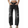 thumbnail image 1 of Women Baggy Distressed Jeans Boyfriend Patchwork Wide Leg Ripped Denim Pants Ankle Jean Trouser Chambray Black S, 1 of 6