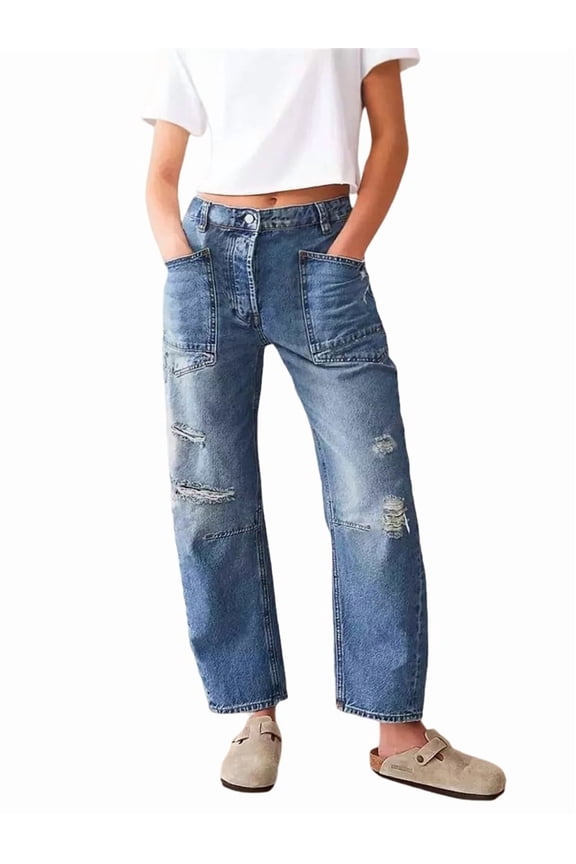 Women Baggy Distressed Jeans Boyfriend Patchwork Wide Leg Ripped Denim Pants Ankle Jean Trouser Chambray Blue L