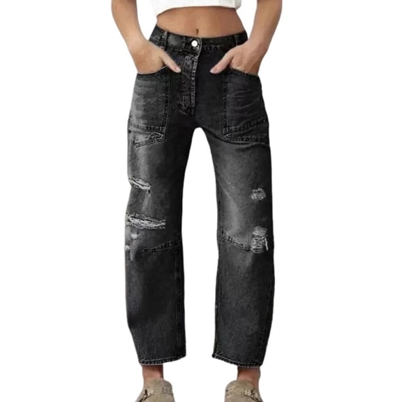 Women Baggy Distressed Jeans Boyfriend Patchwork Wide Leg Ripped Denim Pants Ankle Jean Trouser Chambray