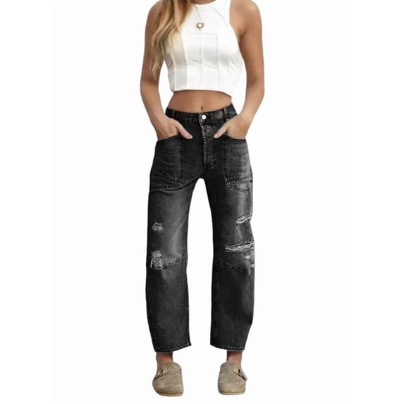 Women Baggy Distressed Jeans Boyfriend Patchwork Wide Leg Ripped Denim Pants Ankle Jean Trouser Chambray