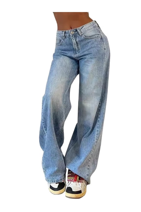 Women Baggy Jeans Mid-Low Waist Boyfriend Streetwear Vintage Jeans Wide Leg Denim Pants 2054 Blue L