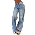 thumbnail image 1 of Women Baggy Jeans Mid-Low Waist Boyfriend Streetwear Vintage Jeans Wide Leg Denim Pants 2054 Blue XS, 1 of 3