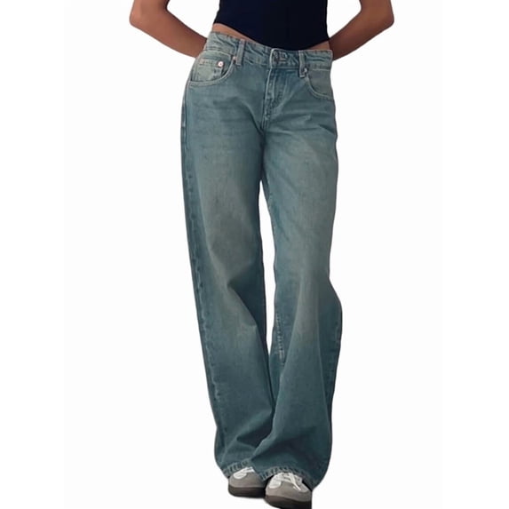 Women Baggy Jeans Mid-Low Waist Boyfriend Streetwear Vintage Jeans Wide Leg Denim Pants Nostalgic Blue L