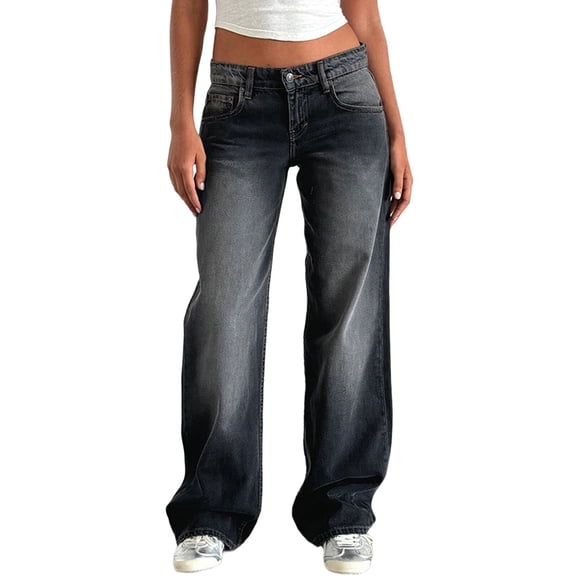 Women Baggy Jeans Mid-Low Waist Boyfriend Streetwear Vintage Jeans Wide Leg Denim Pants Water-Washed Gray M