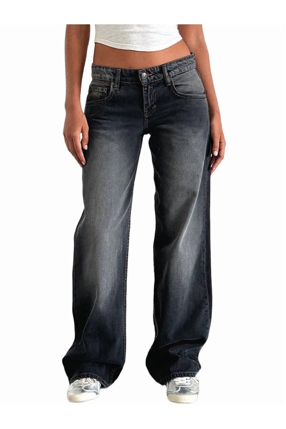 Women Baggy Jeans Mid-Low Waist Boyfriend Streetwear Vintage Jeans Wide Leg Denim Pants Water-Washed Gray XS