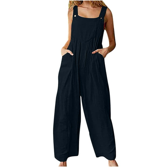 Women Baggy Jumpsuit Sleeveless Cotton Linen Wide Leg Suspender Pants Overalls with Pockets