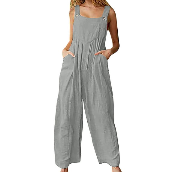 Women Baggy Jumpsuit Sleeveless Cotton Linen Wide Leg Suspender Pants Overalls with Pockets