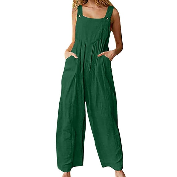 Women Baggy Jumpsuit Sleeveless Cotton Linen Wide Leg Suspender Pants Overalls with Pockets