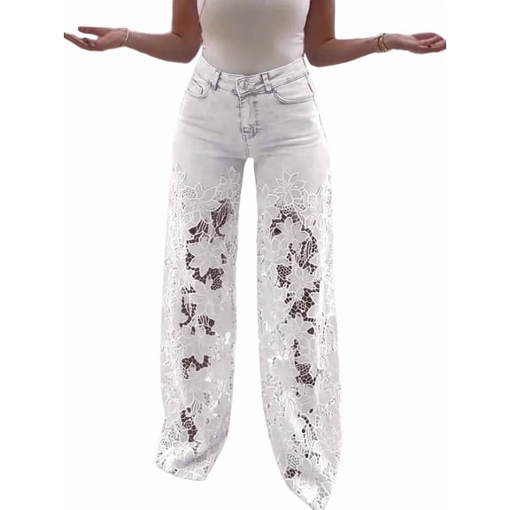 Women Baggy Lace Patchwork Hollow Out Denim Pants High Rise Wide Leg Floral Cutout Floor Length Jeans White L