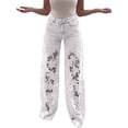 thumbnail image 1 of Women Baggy Lace Patchwork Hollow Out Denim Pants High Rise Wide Leg Floral Cutout Floor Length Jeans White XXL, 1 of 8