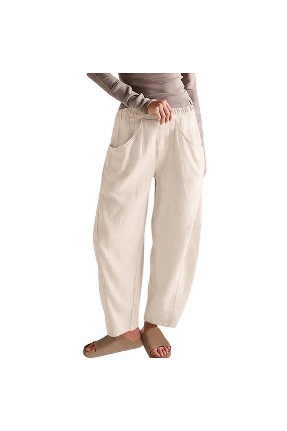 Women Baggy Linen Pants Summer Elastic Waisted Boho Pants Loose Fitting Beach Vacation Trousers with Pockets Jogger Scrub Pants for Lady White L