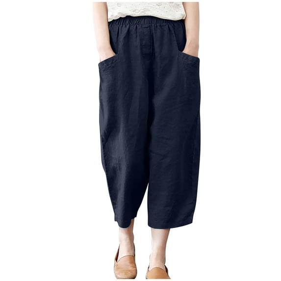 Women Baggy Linen Wide Leg Harem Pants Plus Size Casual Lightweight Capris Elastic Waist Hippie Trousers with Pockets