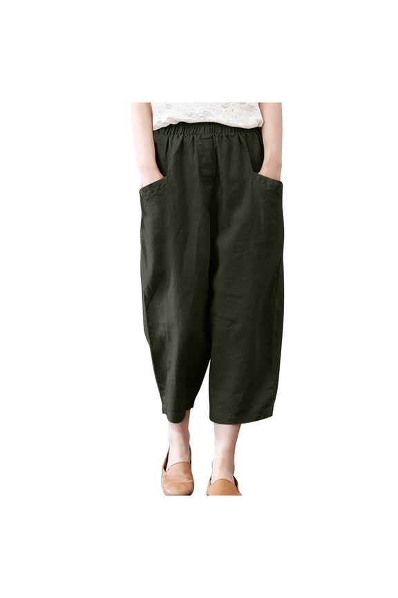 Women Baggy Linen Wide Leg Harem Pants Plus Size Casual Lightweight Capris Elastic Waist Hippie Trousers with Pockets