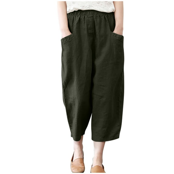 Women Baggy Linen Wide Leg Harem Pants Plus Size Casual Lightweight Capris Elastic Waist Hippie Trousers with Pockets