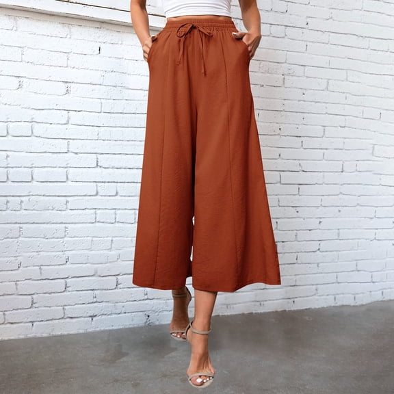 Women Baggy Pants Spring Flowy Business Casual Plain Elastic Waist Drawstring Wide Leg Capri Pants Summer Relaxed Loose Work Running Hiking Plus Size Sweatpants