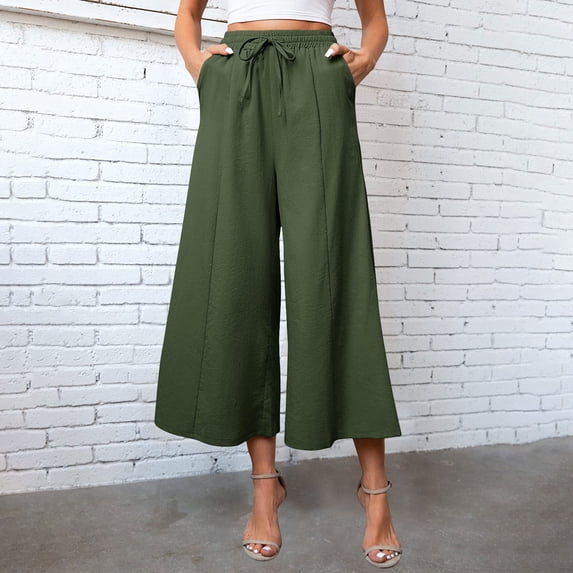 Women Baggy Pants Spring Flowy Business Casual Plain Elastic Waist Drawstring Wide Leg Capri Pants Summer Relaxed Loose Work Running Hiking Plus Size Sweatpants
