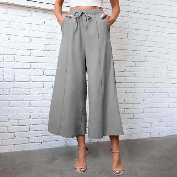 Women Baggy Pants Spring Flowy Business Casual Plain Elastic Waist Drawstring Wide Leg Capri Pants Summer Relaxed Loose Work Running Hiking Plus Size Sweatpants